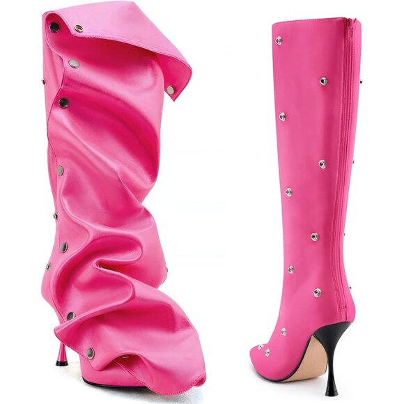 Women's Pink Suede Detachable Snap-off Panel Fold Over Fall Shark Knee High Boot - Picture 6 of 7